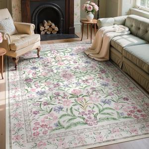 Wonnitar Floral Purple Rug for Bedroom, Washable 5x7 Area Rugs for Dorm, Boho Soft Non Slip Ultra-Thin Indoor Floor Carpet for Kids Room Nursery Living Room Classroom, Light Purple/Pink