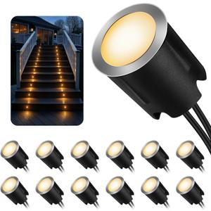 LED Recessed Deck Lights with Protecting Shell, IP68 Waterproof Warm White, 0.6W , Outdoor Landscape Lighting, 12V Low Voltage Deck Lights Kit for Garden Yard Step Riser Stair Decoration, 12 Pack