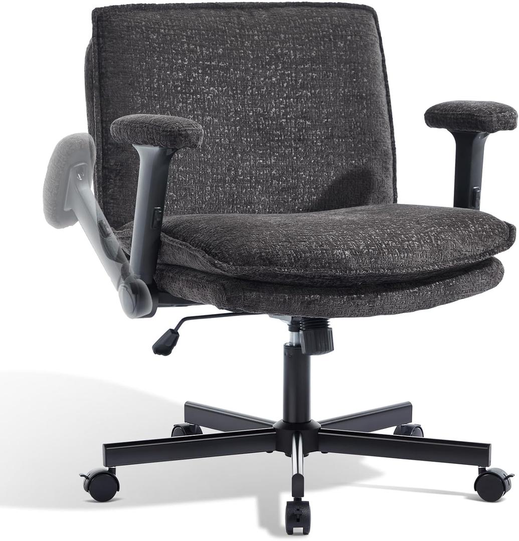 Criss Cross Chair with Flip-Up Arms and Lockable Wheels, Plush Fabric Cross Legged Office Desk Chair,Wider 125Tilting Adjustable Swivel Computer Chair for Home, Apartment, Bedroom,Black