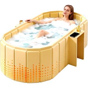 Portable Bathtub for Adult 59" Large Collapsible Cold Plunge Bathtub Foldable No Installation Ice Bath Tub for Shower Stall, Bathroom Hot SPA Soaking Standing Tub (OD 59''Lx42.5''Wx19.7''H,ID 59''Lx24.4''Wx19.7''H, Yellow With storage rack)