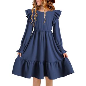 blibean Teen Girls Dress Kids Double Ruffle Long Sleeve Smocked Dresses Size 6-15 Years (Blue)