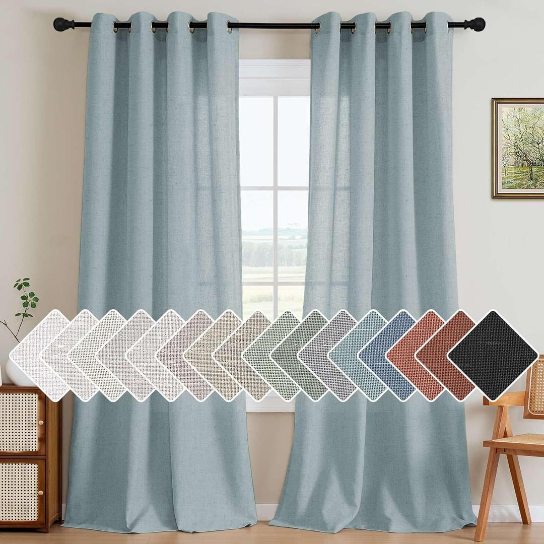 H.VERSAILTEX Living Room Linen Curtains - Semi Sheer, Nickel Grommet, Energy Saving, Light Filtering Window Treatments - Cloud Blue, 2 Panels, 52 x 84 Inch