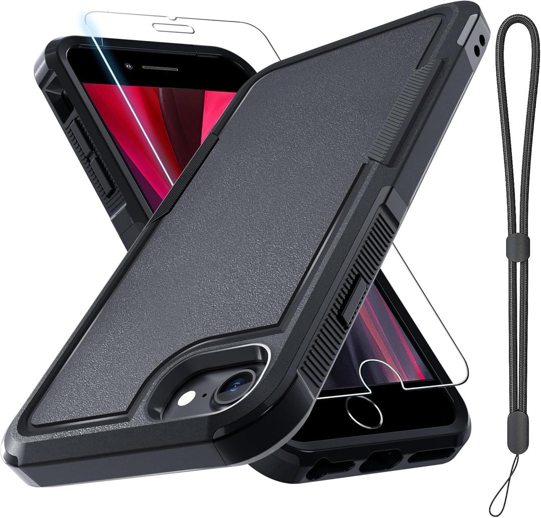 Case for iPhone 8/7/SE 2022 2020, with Screen Protector,Military Grade Heavy Duty Shockproof Phone Cover with Wrist Lanyard Strap for iPhone 8/7/SE 2nd 3rd 4.7 inch,Black Matte