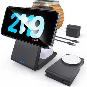 Kysson Foldable 3 in 1 Charging Station for Multiple Devices, Travel Wireless Charger for MagSafe Charger Stand, Magnetic Charging Stand for iPhone 17/16/15/14/13/12 for iWatch AirPods Black