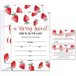Set of 25 Baby Shower Invitations with Envelopes, Diaper Raffle Tickets and Baby Shower Book Request Cards, Berry sweet