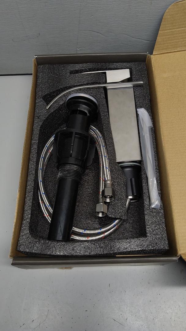 LUFG Bathroom Faucets Brushed Nickel Waterfall Bathroom Sink Faucet Modern Single Handle Bathroom Faucet for 1 or 3 Hole Mxier Tap Washbasin Faucet with Deck, Popup Drain and Supply Hoses