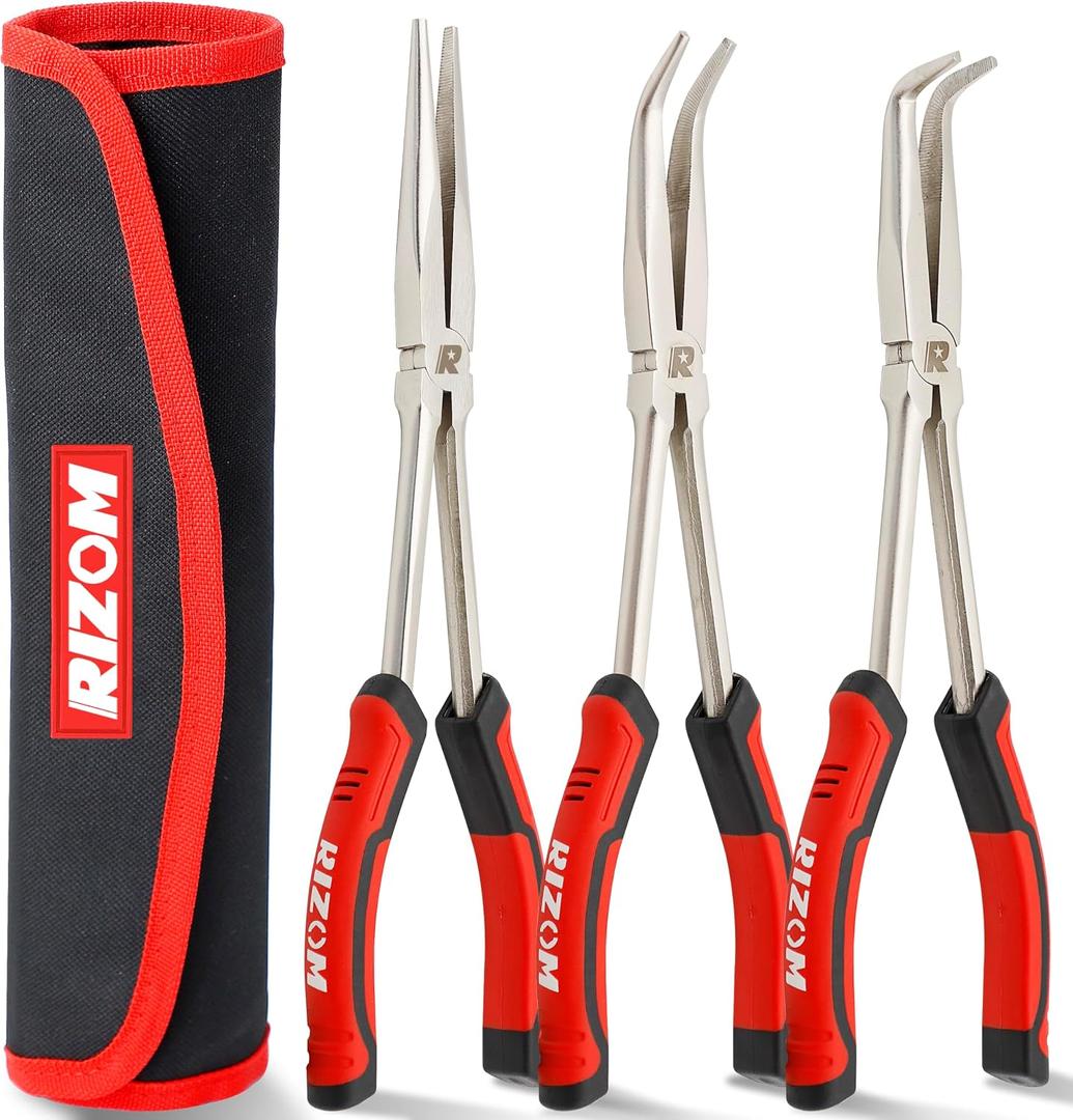 RIZOM 11 Inch Long Needle Nose Pliers, 3Pcs Needle Nose Pliers Set, 90 & 45 Bent Nose Pliers Designed for Long Reach and Narrow Spaces, Includes Storage Bag