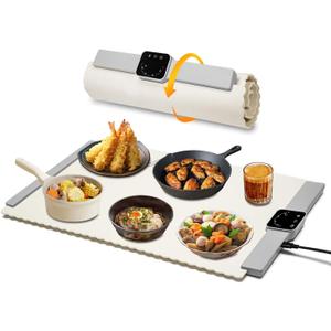 Food Warmer Mat, Electric Portable Silicone Warming Plate, Roll Up Heating Tray for Food, 5 Heat Levels, 24x15.7, (White)