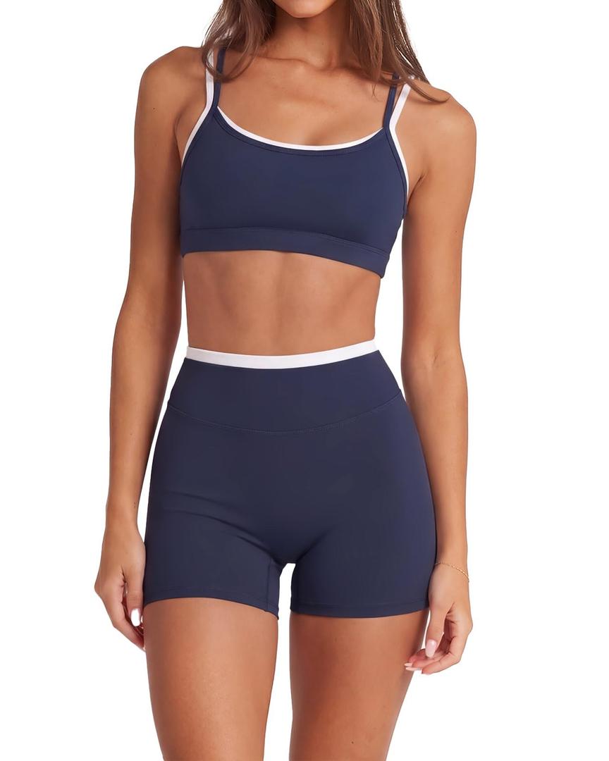 SUUKSESS Women 2 Pieces Workout Sets Padded Spaghetti Straps Tank Tops High Waist Biker Shorts Gym Yoga Active Wear Matching Sets (Navy Blue, S)