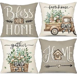 DFXSZ Farmhouse Pillow Covers 16x16 Set of 4 Eucalyptus Leaves Decorations Truck Sweet Home Spring Pillow Covers, Polyester Cushion Case Gifts for Home Decor 175 (16" x 16" (Pack of 4), Grey)