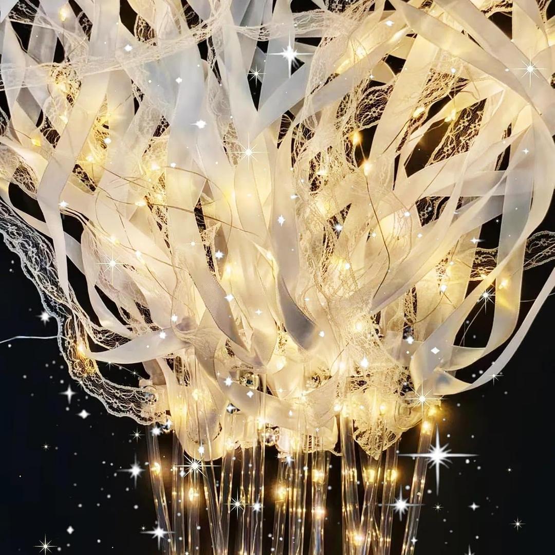 120 PCS Light Up Wands for Wedding, Warm White LED Wedding Send Off with Ribbons and Bells, 3 Light Modes Fairy Ribbon Wands, Reception Props for Ceremony Exit, Party Favor