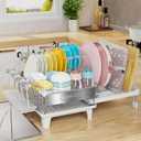 Expandable Dish Drying Rack, Dish Racks for Kitchen Counter, Stainless Steel 304, Flip-Top Retractable Plate, Multi-Directional Adjustable Dish Rack, Space Saving Large Drying Rack Kitchen, White