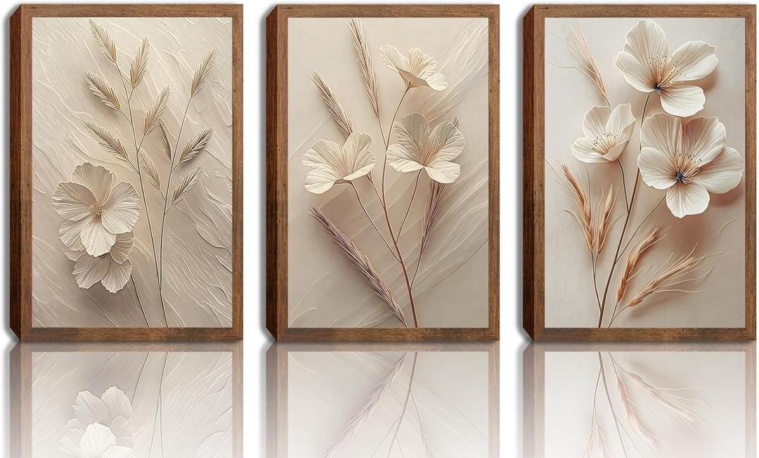 MQjopna Neutral Beige Floral Canvas Wall Art Set of 3, Modern Minimalist Texture Botanical Wall Decor, Vintage Flower Poster Prints for Living Room Bedroom Farmhouse Ready Home Decor 24x16in Framed