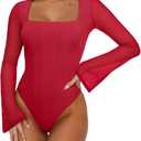 REORIA Women's Sexy Long Sleeve Square Neck Bodysuit Mesh Double Lined Going Out Tops 2025 (Large, Watermelon)