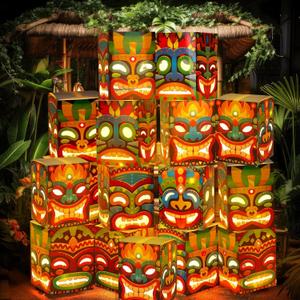 Janlaugh 16 Pcs Tiki Totem Box Decor with Light, Luau Party Decorations for Hawaiian Birthday Party Tropical Aloha Decor 9.84" x 7.09" Tiki Lighted Gift Boxes for Garden Patio Porch Outdoor Decor