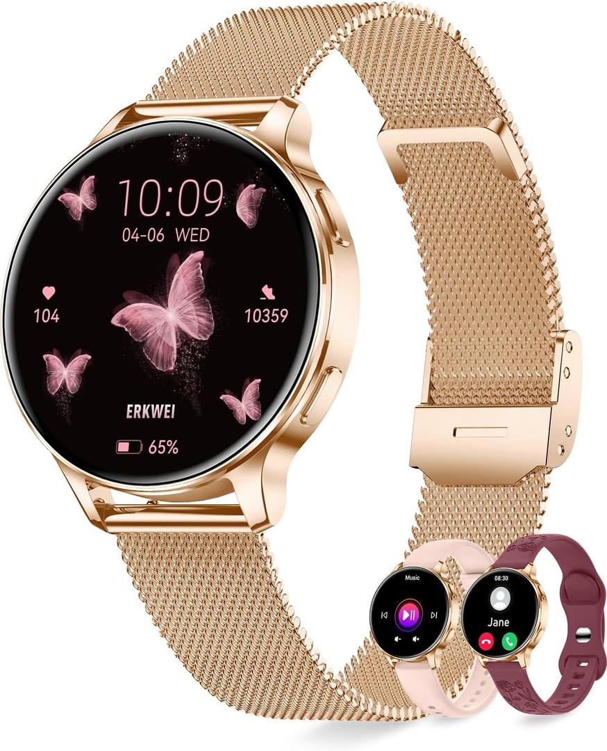 Smart Watches for Women 3 Bands 1.29" AMOLED Smartwatch Compatible Android and iOS Phones Answer/Make Calls Fitness Tracker Watch with 110+ Sports Modes Heart Rate Monitor Pedometer Sleep Rose Gold