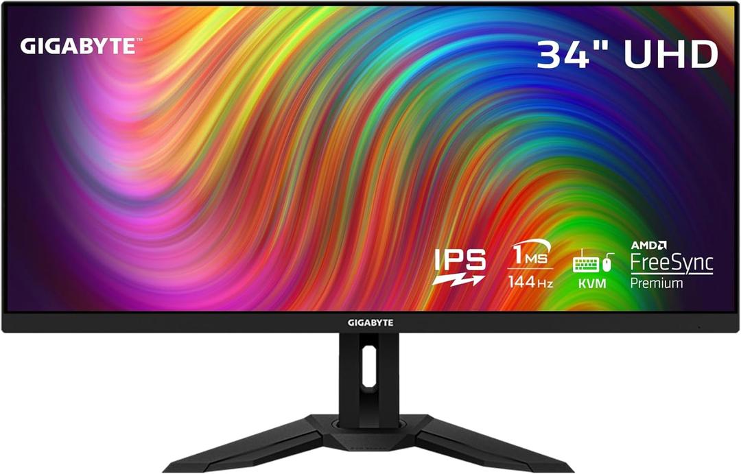 GIGABYTE M34WQ 34" 144Hz Ultrawide-KVM Gaming Monitor, 3440 x 1440 IPS Display, 1ms (MPRT) Response Time, 91% DCI-P3, HDR Ready, 1 Display Port 1.4, 2 HDMI 2.0, 2 USB 3.0, 1 USB Type-C (M34WQ-SA)
