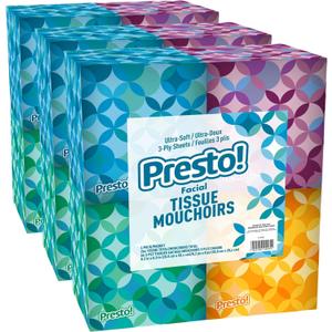 Amazon Brand - Presto! Ultra-Soft 3-Ply Premium Facial Tissues, 66 Count (Pack of 12)