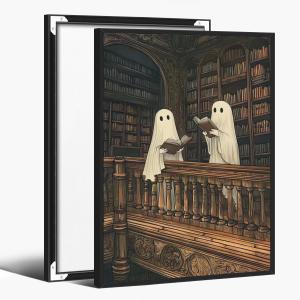 Vintage Halloween Two Cute Ghosts Library Wall Art Ghost Reading Book Canvas Posters Whimsical Goth Dark Academia Horror Prints Decor For Living Room Bedroom8x12inch black framed (style-5)