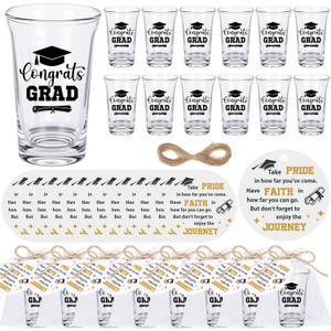 50 Set Graduation Acrylic Shot Glasses for 2025 Congrats Grad Party Favors, Reusable 1.2 oz Clear Shot Glasses with Round Gift Cards and Organza Bags for High School College Graduates (Black)