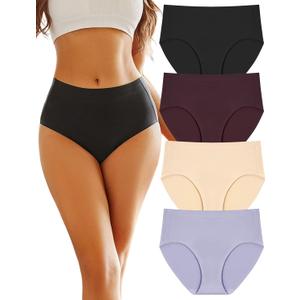 3 Pack FINETOO Women's High Waisted Seamless Underwear Full Coverage Brief Ladies No Show Panties Sexy Lingerie Regular&Plus Size (Large, Black & Beige & Grape Purple & Silver Gray)
