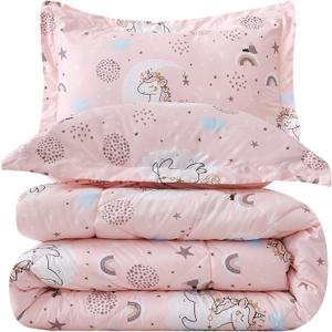 JSD Pink Unicorn Kids Comforter Set Full Size, 3 Piece Girls Rainbow Microfiber Comforter with Pillow Shams, Lightweight All Season Washable