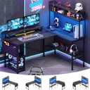 Aheaplus L Shaped Gaming Desk with Power Outlets & LED Lights, Small L- Shaped Desk Computer Corner Desk with Monitor Stand & Storage Shelf, Home Office Desk Writing Desk with Storage Bag, Grey Oak