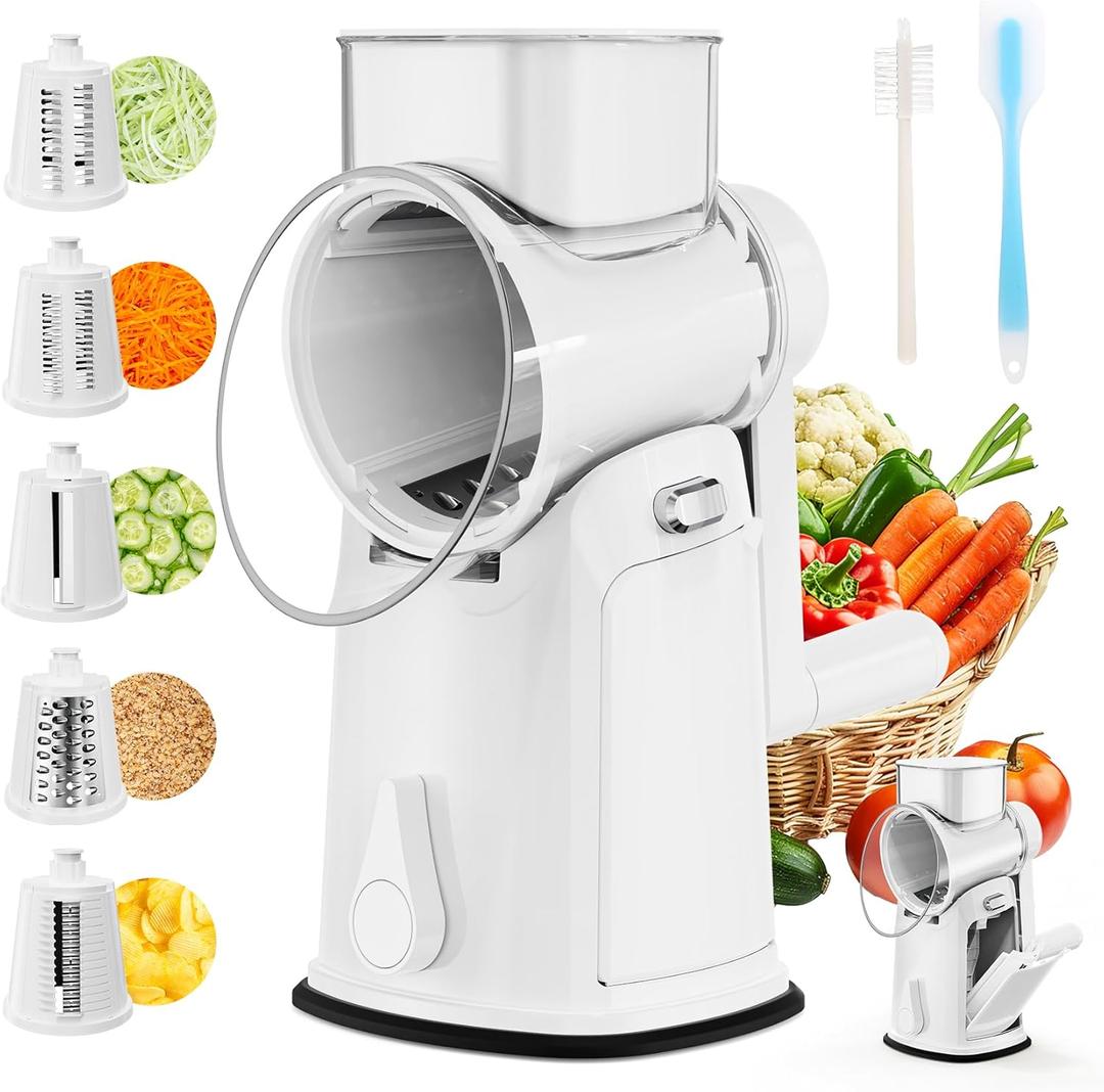7 IN 1 Upgraded Rotary Cheese Grater with Handle  Vegetable Shredder with Built-in Storage Blade Slot, 5 Versatile Blades, Strong Suction Base Round Mandoline Slicer, Food Chopper for Kitchen (White)