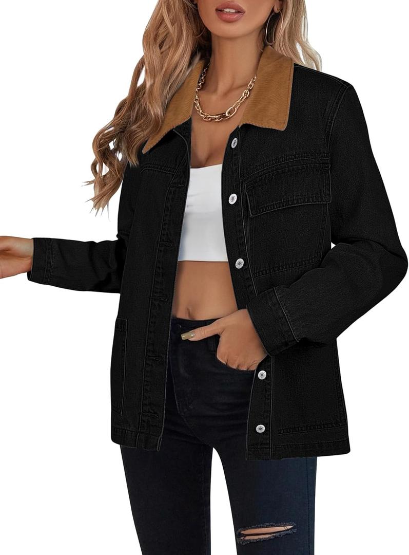 luvamia Jean Jacket Women Trendy Button Down Contrast Corduroy Collar Casual Loose Fit Denim Barn Jackets with Pockets (Large, Black)