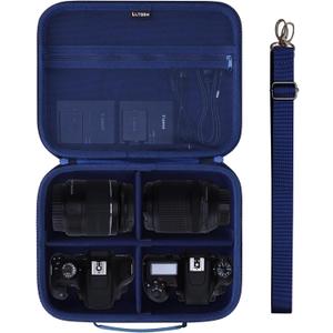 L LTGEM Medium Camera Case Compatible with Canon/Sony/Nikon DSLR Mirrorless Camera and Multiple Lens, Hard Travel Carrying Case with 3 Dividers and Shoulder Strap, Navy Blue