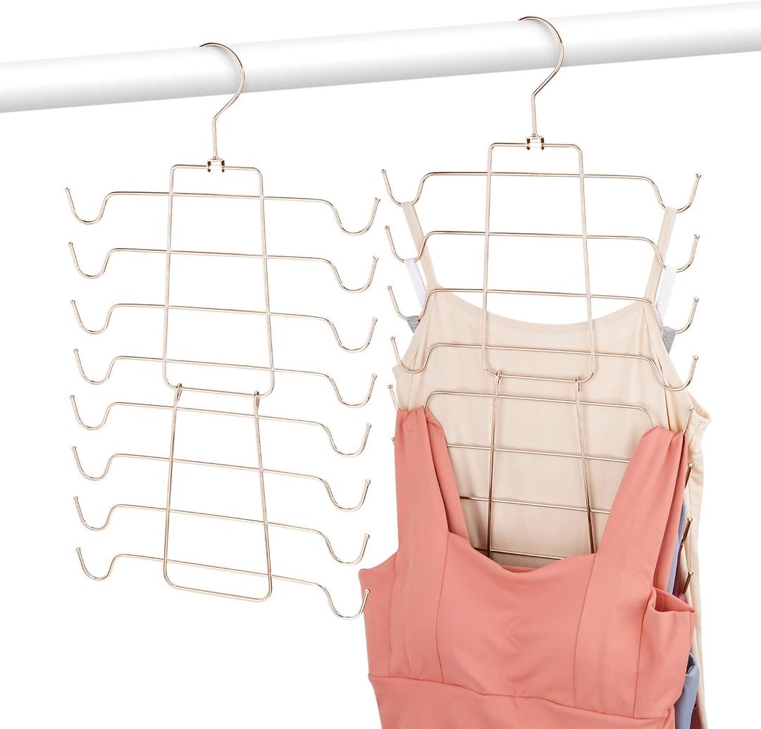 2 Pack Tank Top Hangers Space Saving, Bra Hangers for Closet Organizer, 360 Rotating Metal Bra Organizer with 16 Hooks, Hanging Sport Bras Holder & Storage, Hangers for Tank Top, Rose Gold