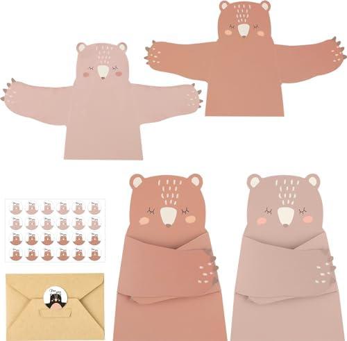 Lincia 4 Sets Bear Thank You Note Cards Bear Hug Funny Greeting Cards with Envelope Stickers for Woodland Animal Birthday Party Supplies(Classic Style)