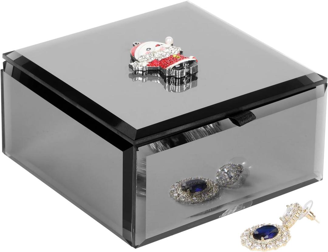 Jewelry Boxes for Women,Jewelry Organizer and Storage,Santa,Glass Mirrored Small Jewelry Box, 4.6"*2.6'',Ring,Earrings and Necklace Luxury Jewelry Box for Women or Girls,Black Gift Box