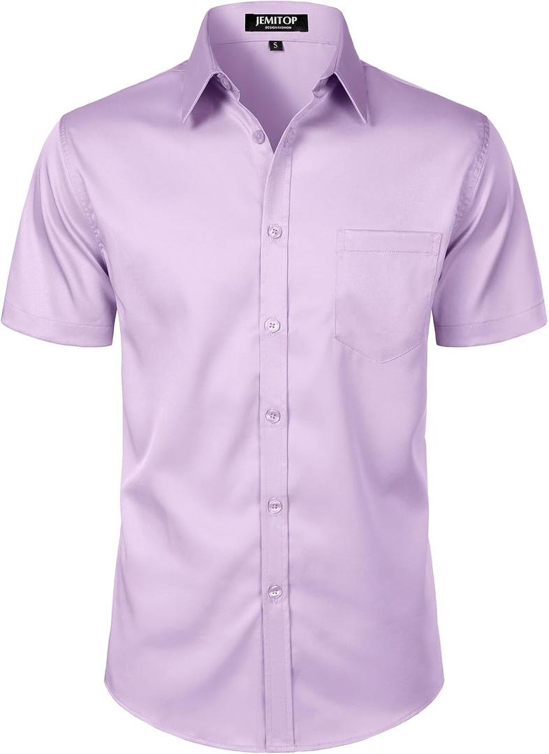 JEMITOP Men's Stretch Slim Fit Dress Shirts Formal Wedding Prom Short Sleeve Button Down Shirt with Pocket (Purple, L)