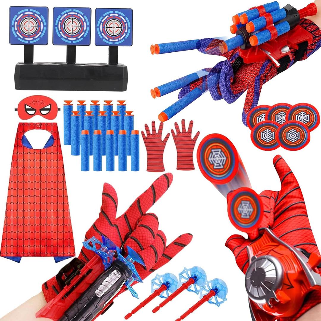 3 Sets Spider Web Shooters Classroom Prizes for Kids Wrist Launcher Toys with Hero Gloves Auto Resetting Boards Spider Cape and Mask Cosplay Costume for Kids Birthday Party
