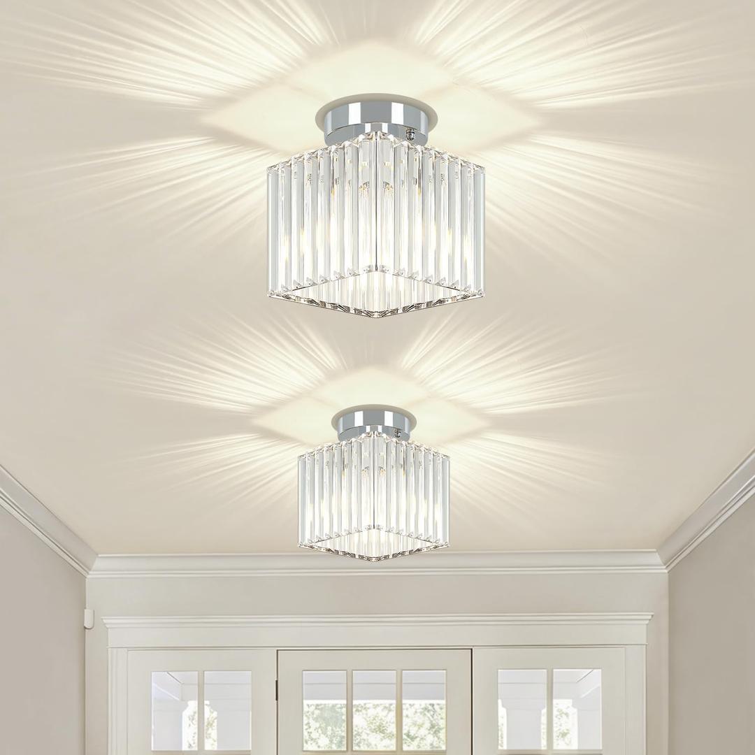 2-Pack Crystal Semi Flush Mount Ceiling Light Modern Chrome Small Square Ceiling Light Fixture Entryway Chandelier for Kitchen Bedroom Bathroom Hallway Laundry, 7.24Inch