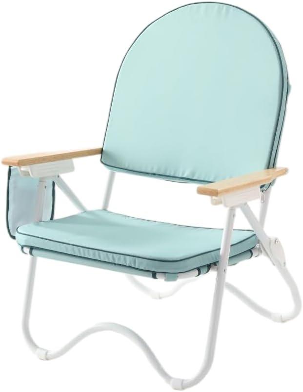 Padded Low Beach Chair, 4-Position Folding Outdoor Chair with Wooden Armrests, Cushioned Seat, Storage Pouch & Carry Strap for Beach, Patio and Lawn, Harbour Cypress Green