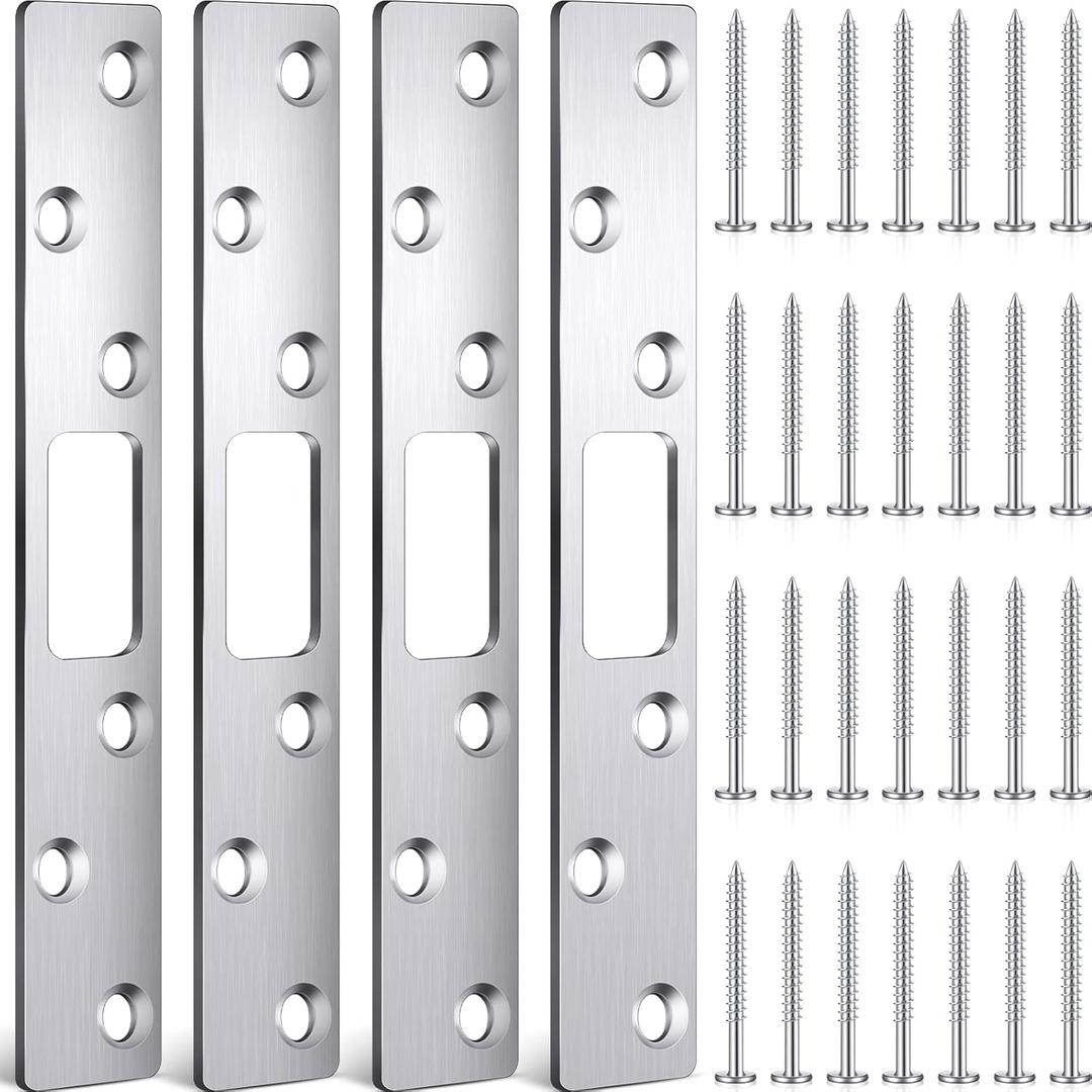 4 Pcs 6 Inch Door Strike Plate Security Latch Strike Stainless Steel Door Reinforcement Plate with Screws for Exterior Deadbolt Armor Heavy Duty Residential Use, Silver(Sliver)