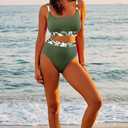 Herseas Women's Textured Bikini Sets Floral Print Trim Scoop Neck Swimsuits High Waisted Bathing Suits (Green, M)
