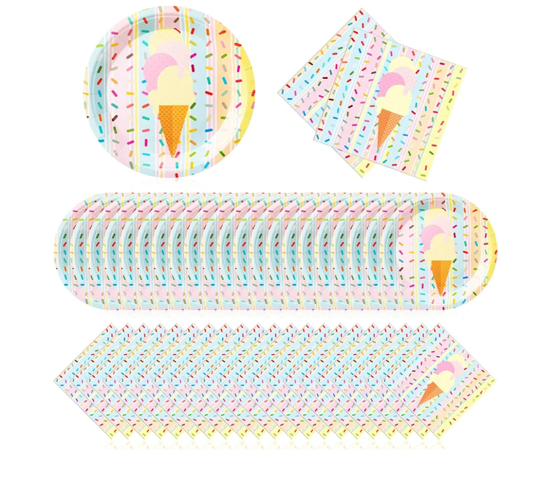 Zhehao 120 Pcs Disposable Paper Plates and Napkins Bulk Birthday Party Decorations Wedding Party Supplies(Pink, Yellow, Blue,Ice Cream Style)