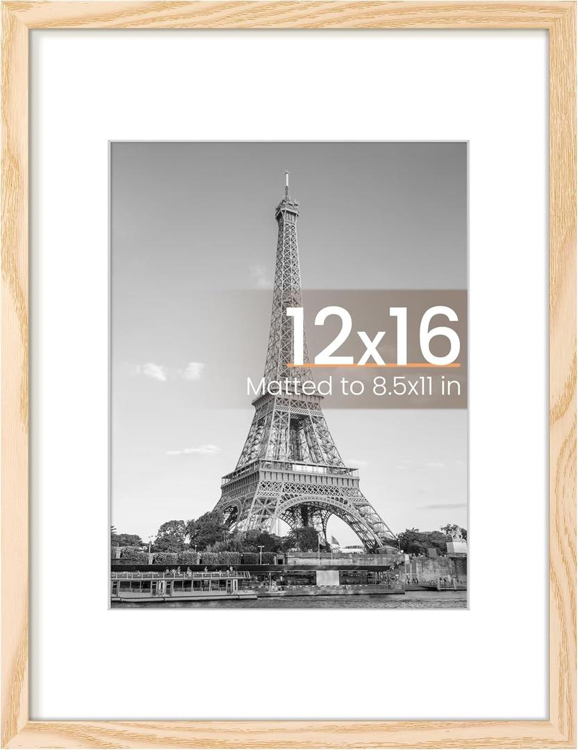upsimples 12x16 Picture Frame, Display Pictures 8.5x11 with Mat or 12 x 16 Without, Wall Hanging Poster Frames, Natural, 1 Pack