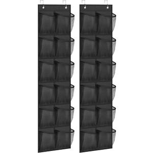 MISSLO Over The Door Shoe Organizer 12 Large Mesh Pockets Hanging Narrow Closet Door, Black, 2 Pack