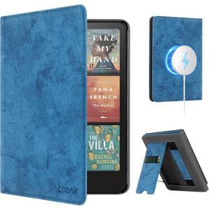 CoBak Stand Case for 7" Kindle Paperwhite 12th Gen 2024 and Kindle Colorsoft with Hand Strap - Compatible with iPhone MagSafe, for Samsung/Belkin/Anker Wireless Charging Pads, Durable, Auto Sleep Wake (Blue)