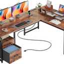 PRAISUN 55 Inch L Shaped Desk with Power Outlets and USB-C Port, Computer Corner Home Office Desk with File Fabric Drawers and Movable Monitor Stand, Larger Storage for Gaming, Study, Rustic Brown