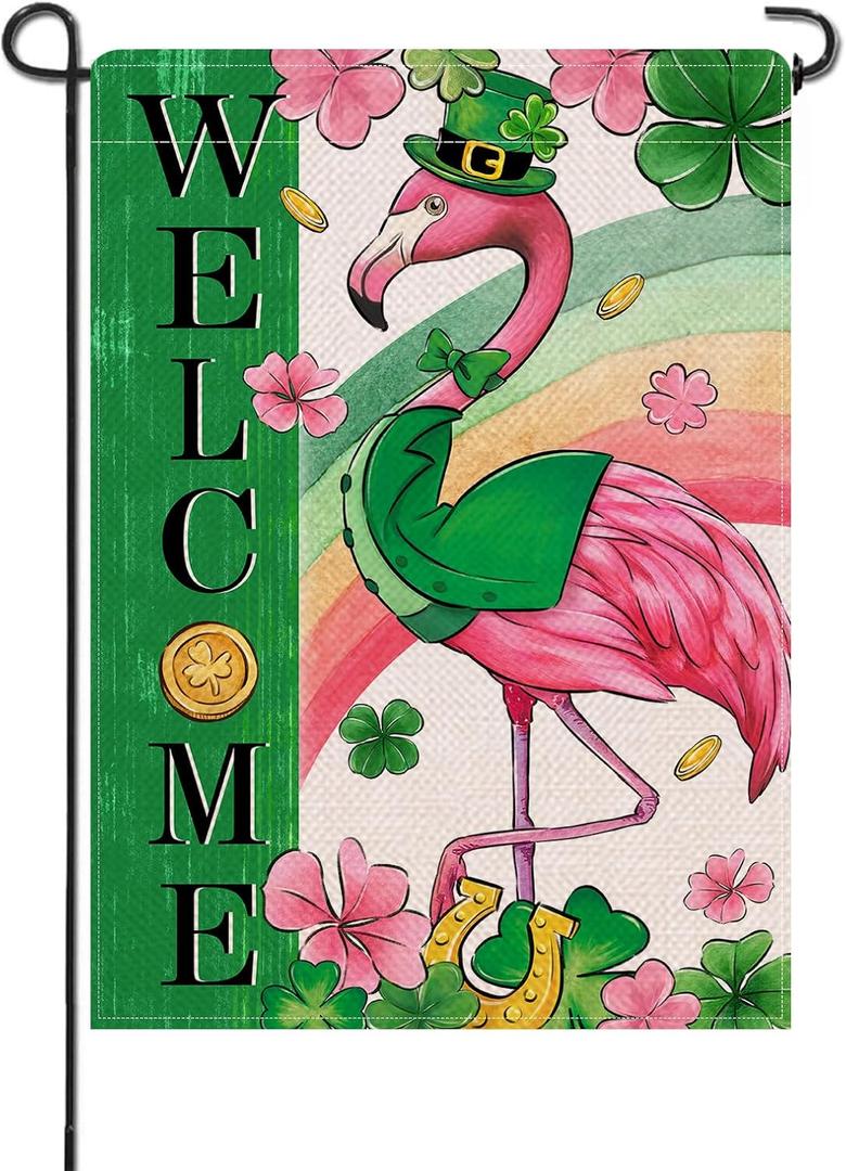 Artofy Welcome St. Patrick's Day Flamingo Bird Small Decorative Garden Flag, Rainbow Lucky Shamrock Clover Yard Lawn Outside Decor, Spring Irish Gold Coin Outdoor Home Decoration Double Sided 12 x 18