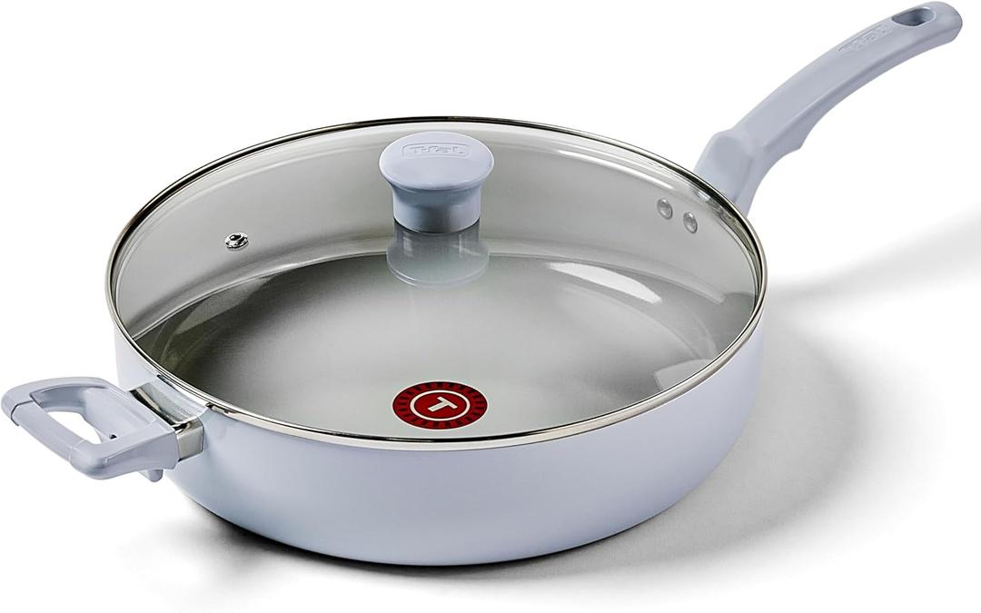 T-fal Refresh Ceramic, Ceramic Non Stick Jumbo Cooker w/Lid 5 Quart, Oven Broiler Safe 350F, Cookware, Kitchen, Deep Frying Pan w/Handle, Saute Pan, Healthy Cooking, Skillet, Pots and Pans, Blue (Artic Blue)