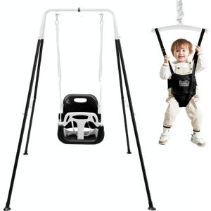 FUNLIO 2 in 1 Swing Set for Toddler & Baby Jumper, Heavy Duty Kids Swing & Bouncer with 4 Sandbags, Foldable Metal Stand for Indoor/Outdoor Play, Easy to Assemble and Store - Black