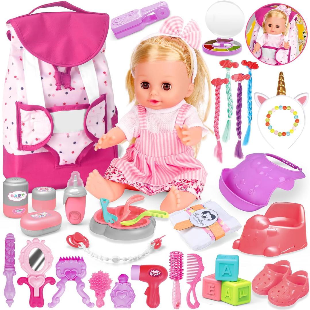 Baby Care Doll Toys Set, 36PCS Dolls Playset, Hair Salon Pretend Play Toddler Doll Toys Incl 14'' Baby Dolls Toy, Backpack, Hair Dryer, Curler, Xmas Gifts for Age 3 4 5 6+ Years Old Girls Kids