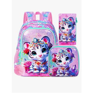 16" Tiger Backpack for Girls, 3Pcs Kids School Backpacks with Lunch Box, Bookbag for Elementary Preschool Kindergarten(Pink)
