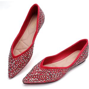Flats Shoes Women Rhinestone Pointed Head Ballet Flats Comfortable Soft Memory Foam Insole Flat Shoes for Women Comfortable Dress Shoes Red Size 8.5-9